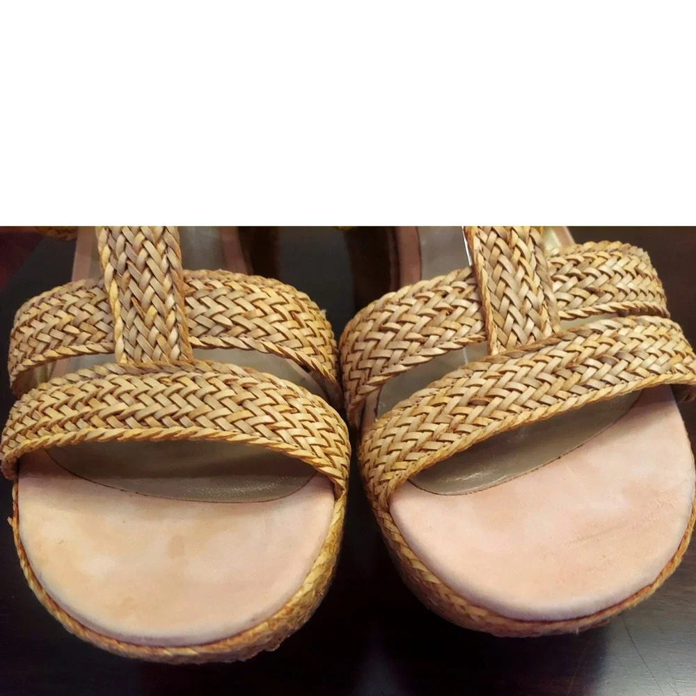 Stuart Weitzman Bohemian Tan Woven Raffia Wedge Resortwear Sandals Womens 8.5 M
